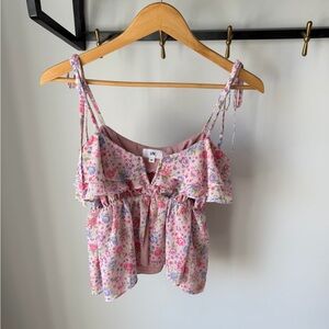 LPA Pink Floral Ruffle Tie-Shoulder Crop Camisole